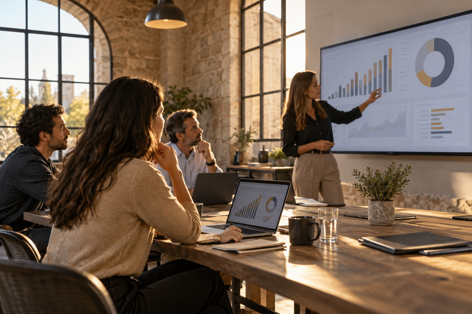 Escena ilustrativa de un equipo revisando un panel de datos