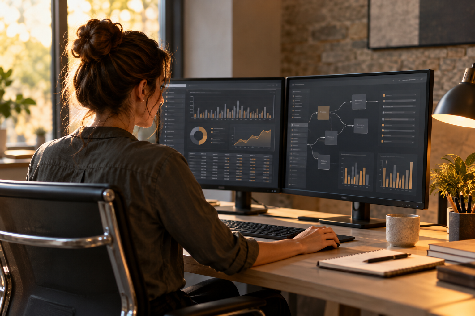 Escena ilustrativa de trabajo con conexiones y fuentes de datos